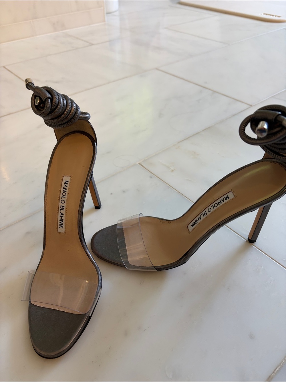 Manolo Blahnik MetalGray Leather Ankle-Tie Stiletto Sandals with Clear Toe Strap